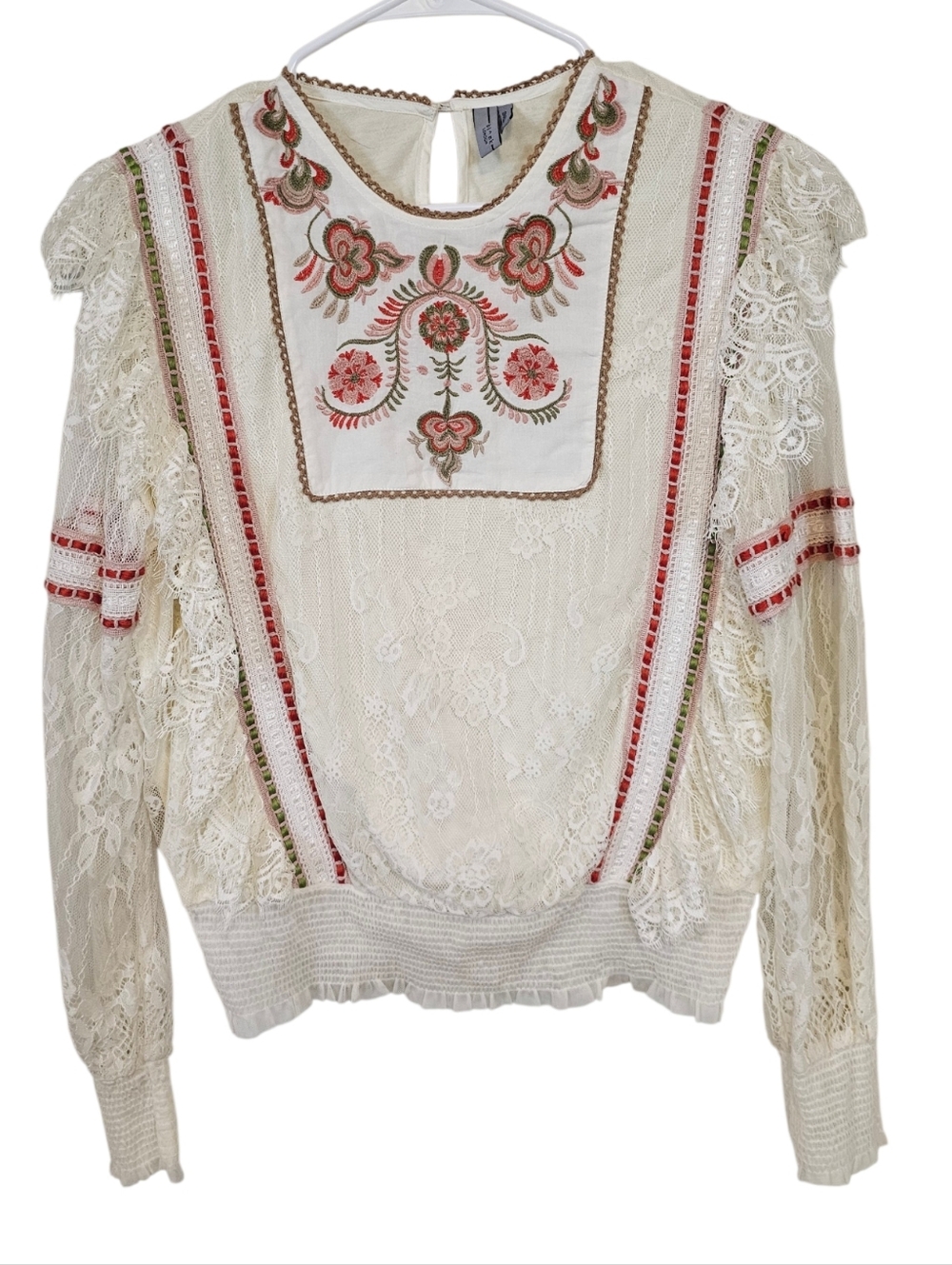 Blank London Anthropologie Tali Embroidered Floral Lace Bohemian Blouse